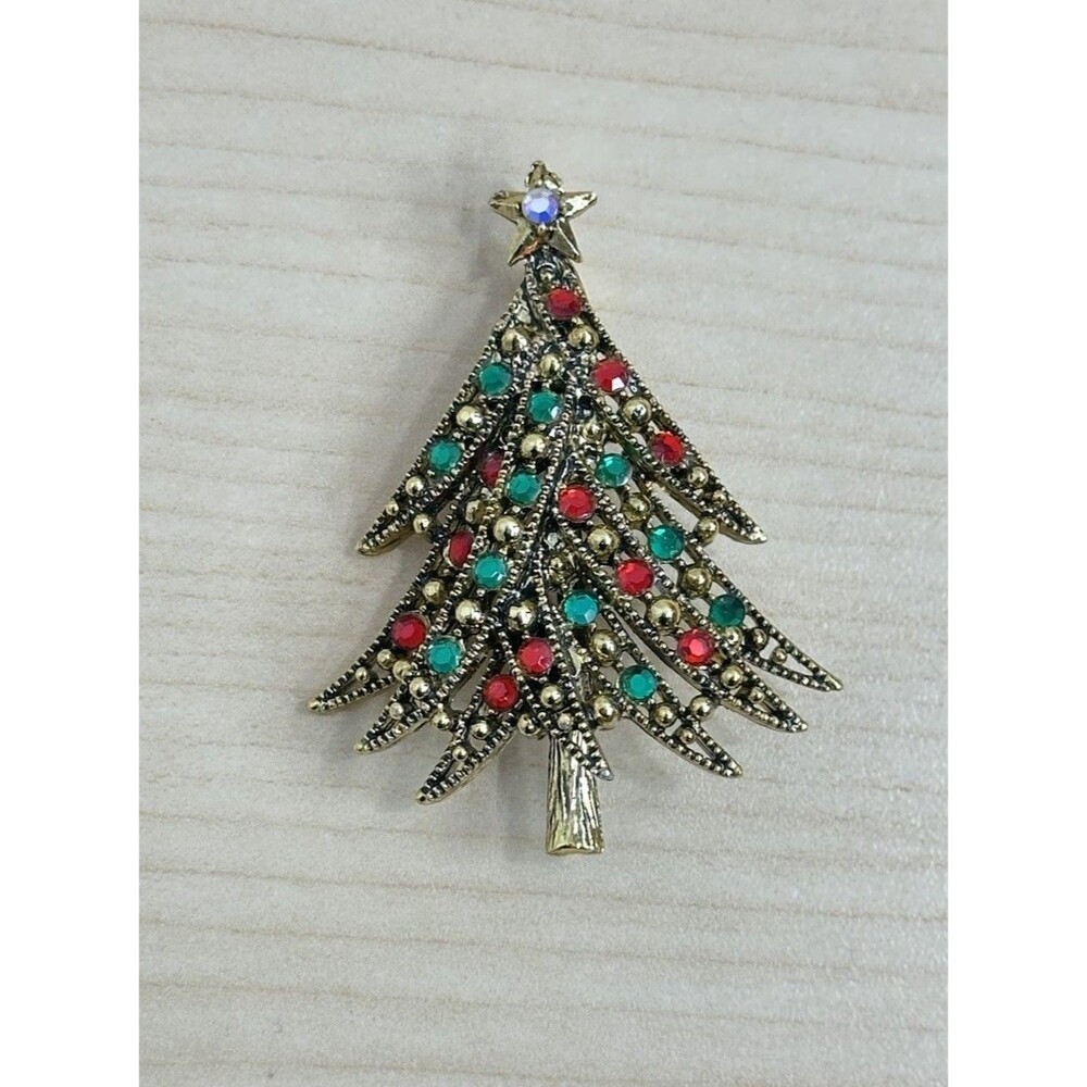 Vtg Hollycraft Christmas Tree Pin Brooch Multi Color Rhinestone Designer Signed